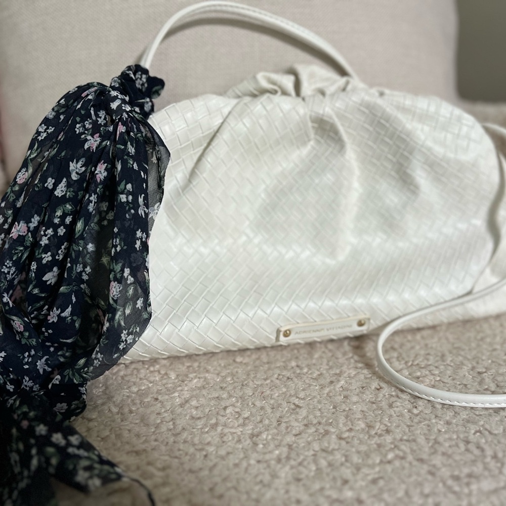Adrienne Vittadini White Woven Crossbody Bag with Floral Scarf